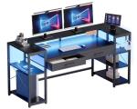 Pamray 58 Inch Computer Desk with Monitor Stand and Shelves Gaming Desk with LED Lights & Power Outlets PC Vanity Table with 2 Drawers for Home Office Black
