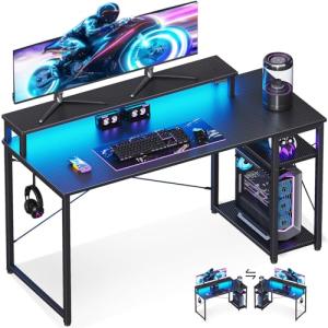 MOTPK 48 Inch Gaming Desk with Storage & Led Lights, Computer Desk with Shelf, Reversible Gamer Desk with Monitor Stand, Carbon Fiber Texture Black