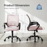 DUMOS Office Desk Chair - Ergonomic Mid Back with Lumbar Support & Rocking Mode, Height Adjustable with Fixed Armrest, Storage Back for Computer, Gaming, Conference, Meeting Room, 360° Swivel, Pink