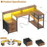 Aheaplus L Shaped Desk with File Drawer, Reversible L Shaped Computer Desk Gaming Desk with Power Outlet & LED Strip, Home Office Desk Corner Desk with Monitor Shelf, Storage Shelves, Rustic Brown