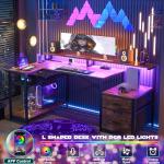 Aheaplus L Shaped Desk with File Drawer, Reversible L Shaped Computer Desk Gaming Desk with Power Outlet & LED Strip, Home Office Desk Corner Desk with Monitor Shelf, Storage Shelves, Rustic Brown