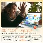 HP 2026 17 inch laptops, 16GB RAM 512GB SSD Windows 11 Pro, Intel Core i3-N305, 17.3" HD+, Up to 9.5 Hours Battery Life–Business Laptop for Work & Students, AI Copilot, Type-c, Patented KB Kit