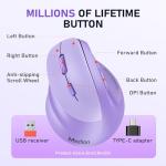 MEETION Left-Handed Mouse, Ergonomic Mouse Wireless Vertical Mouse, RGB Mice for Bluetooth(5.2 + 3.0) & USB-A with Type-C Adapter 4 Adjustable DPI for Mac/Windows/Tablet/iPad/PC Purple