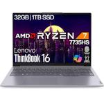Lenovo ThinkBook 16 Gen 7 16" FHD IPS Display, AMD Ryzen 7 7735HS (Beat Ultra 7 255U), 32GB DDR5 RAM, 1TB NVMe, Backlit Keyboard, Fingerprint, WiFi 6E + BT, RJ-45, Win 11 Pro, AI Business Laptop