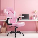 OLIXIS Computer Gaming Desk Chair - Big and Tall Ergonomic Lumbar Support with Flip-up Armrest and 360° Swivel Wheels, PU Leather Height Adjustable, for Home and Office, Pink