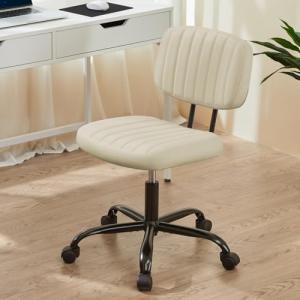 Sweetcrispy Small Office Desk Chair - Armless PU Leather with Comfy Lumbar Support, Height Adjustable Rolling Swivel Task for No Arms, for Adult, Student, Bedroom, Home, Vanity, Beige White