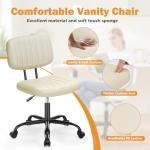 Sweetcrispy Small Office Desk Chair - Armless PU Leather with Comfy Lumbar Support, Height Adjustable Rolling Swivel Task for No Arms, for Adult, Student, Bedroom, Home, Vanity, Beige White