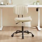 Sweetcrispy Small Office Desk Chair - Armless PU Leather with Comfy Lumbar Support, Height Adjustable Rolling Swivel Task for No Arms, for Adult, Student, Bedroom, Home, Vanity, Beige White