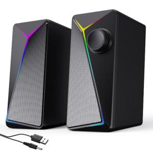 AYJBKL Computer Speakers for Desktop PC, USB-Powered Gaming Speakers for Laptop – Multi Colorful LED Backlight Modes, Stereo Sound for Gamers Music Movies, Indoor & Outdoor Use, 3.5mm AUX Cable