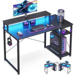 MOTPK 40 Inch Small Gaming Desk with Storage & Led Lights, Computer Desk with Shelf, Reversible Gamer Desk with Adjustable Monitor Stand, Carbon Fiber Texture Black