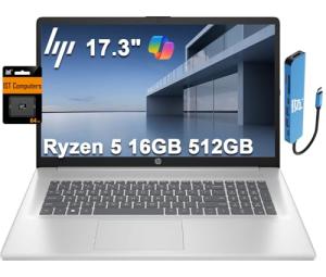 HP 17 Laptop (17.3" FHD Anti-Glare, AMD Ryzen 5 (> Intel i7-1165G7), 16GB RAM, 512GB SSD) for Business, Home, Student, Long Battery Life, Webcam, Fast Charge, HDMI, IST Hub, Win 11 Pro, Silver