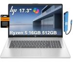 HP 17 Laptop (17.3" FHD Anti-Glare, AMD Ryzen 5 (> Intel i7-1165G7), 16GB RAM, 512GB SSD) for Business, Home, Student, Long Battery Life, Webcam, Fast Charge, HDMI, IST Hub, Win 11 Pro, Silver