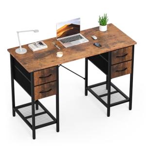 DUMOS Computer Desk 47 Inch with 4 Drawers Home Office Table with Mesh Shelf for Work Study Writing Gaming Storage Furniture for Bedroom, Rustic Brown