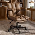 Ollega Brown Office Chair, Mid Century Modern Desk Chair with Arms, Thickend Back and Seat, Adjustable Height, Wheels, Vintage Leather Computer Chair for Home, Office