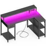 SUPERJARE 47 inch L Shaped Gaming Desk with LED Lights & Power Outlets, Reversible Computer Desk with Shelves & Monitor Stand, Corner Desk with Drawer, for Home & Office, Carbon Fiber Black