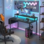 Lufeiya Small Desk with Power Outlets and LED Lights, 32 Inch Teen Writing Study Table Home Office Computer Desks with Monitor Stand, Gaming Desk with Charging Station, Black