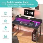 Lufeiya Small Desk with Power Outlets and LED Lights, 32 Inch Teen Writing Study Table Home Office Computer Desks with Monitor Stand, Gaming Desk with Charging Station, Black