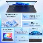 Auusda Laptop Computer, 32GB RAM, 1TB SSD, Ryzen 5 3000 Series 4C8T 3.7/2.1GHz, 16" FHD+, Webcam, Privacy Shutter, Backlit KB, Fingerprint, USB-C 65W Charging, 3 USBA, Win11Pro, WiFi 6, T160R, Black