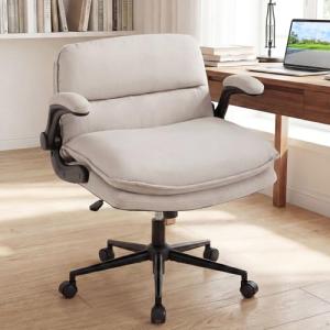 COSTWAY Cross Legged Office Chair, Wide Seat Faux Leather Vanity Desk Chairs with Wheels & Flip-up Armrests, Swivel Height Adjustable Computer Task Chair for Office Home (Beige)
