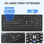 Large Print Keyboard, USB Wired Keyboard with Wrist Rest & Included Dust Cover - 104 Key Full Size Easy to See Keyboard, Black with White Letters, for Seniors, Low Vision, Office Typing,Foldable Feet