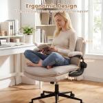 COSTWAY Cross Legged Office Chair, Wide Seat Faux Leather Vanity Desk Chairs with Wheels & Flip-up Armrests, Swivel Height Adjustable Computer Task Chair for Office Home (Beige)