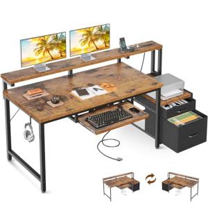 AODK 55" Computer Desk with Fabric File Cabinet and Drawer, Reversible Office Desk with Power Outlet and LED Light, Study Desk with Printer Stand, Keyboard Tray, Monitor Riser and PC Stand, Vintage