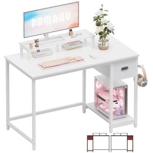 Pamray 39 Inch Computer Desk with Monitor Stand Small Home Office Desks with Non-Woven Storage Drawer for Bedroom Study Table Writing and Work Desk White,White Leg