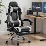 DUMOS Ergonomic Gaming Office Desk Chair with Footrest, Height Adjustable 360° Swivel Computer Video Game Chair with Headrest and Lumbar Support, Black White