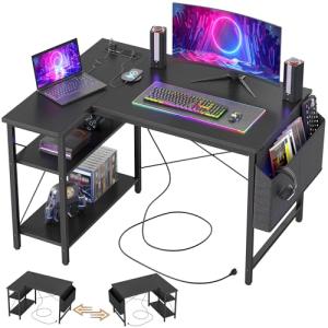TIQLAB Small Computer Desk with Power Outlets, 40 Inch L Shaped Desk with Reversible Shelves, Gaming Desk Corner Desk Study Writing Table for Home Office Bedroom Living Room, Black