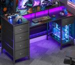Korfile 47 Inch Computer Desk with 5 Fabric Storage Drawers,Gaming Desk with Power Outlets & LED Lights,Reversible Home Office Desk with Monitor Stand for Working Writing Study, Black