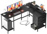 Korfile 59 inch L Shaped Computer Desk with Power Outlets, Home Office Desk with 4 Adjustable Storage Drawers & 2 Monitor Stands, Two Person Gaming Table for Bedroom, Black