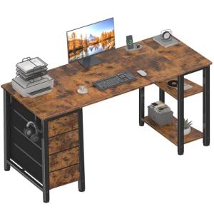Lufeiya 63 inch Computer Desk with 4 Fabric Drawers & Storage Shelves, Writing Work Study Desk for Home Office Bedroom, Modern Simple Student PC Desks Table, Rustic Brown