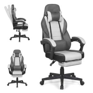 Giantex Gaming Chair, Ergonomic Video Game Chair w/Footrest, Lumbar Support, Headrest, Reclining Backrest & Linkage Armrests, Height Adjustable 360° Swivel Computer Desk Chair for Home Office (Grey)