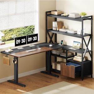 Homiflex 2-in-1 L Shaped Electric Standing Desk with Bookcase, 77.8'' Large Office Desk with Height Adjustable, File Drawer and Power Outlets, Variable Computer Desk Set for Home Office, Black