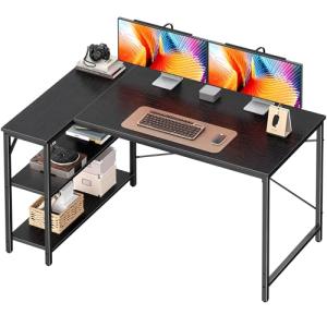 Huuger L Shaped Desk, 47 Inches Computer Desk with Reversible Storage Shelves, Gaming Corner Home Office Writing Study with Metal Frame, Black
