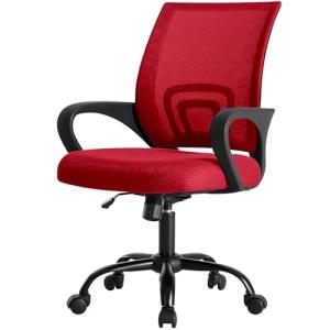 DUMOS Home Office Chair - Ergonomic Mid Back Mesh Desk Chair with Lumbar Support & Rocking Mode, Height Adjustable with Fixed Armrest, for Computer, Gaming, Meeting, 360° Swivel, Red
