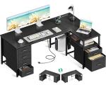 Coleshome L Shaped Computer Desk with 6 Drawers & Power Outlet, 55 Inch Corner Desk with Reversible Storage Shelf & File Drawer, Home Office Desk, Black