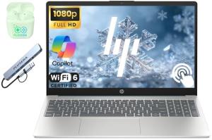 HP 15.6" FHD Touchscreen Business Laptop Computer, Windows 11 Laptop 8GB RAM 256GB SSD, 8-Core Intel i3-N305 Processor, Copilot AI Ready, PLUSERA Earphones & 8-in-1 Hub Included, Moonlight Blue