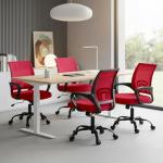 DUMOS Home Office Chair - Ergonomic Mid Back Mesh Desk Chair with Lumbar Support & Rocking Mode, Height Adjustable with Fixed Armrest, for Computer, Gaming, Meeting, 360° Swivel, Red