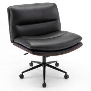 Giantex Armless Office Chair with Wheels, PU Leather Height Adjustable Vanity Chair w/Curved Backrest, Mid-Back Criss Cross 360° Swivel Ergonomic Computer Desk Chair for Home Office & Bedroom (Black)