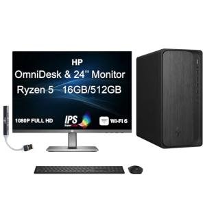 HP OmniDesk AI PC Desktop (AMD Ryzen 5 8500G, 16GB DDR5, 512GB SSD, WiFi 6, Bluetooth 5.2, Win 11 Home, Bundle with Single Monitor 24 inch and Dockztorm Hub