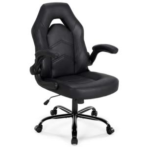 DUMOS Ergonomic Computer Gaming Chair - Home Office Desk with PU Leather Lumbar Support, Height Adjustable Big and Tall Video Game with Flip-up Armrest, Swivel Wheels for Adults, Black