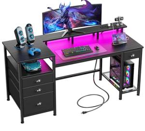 Furologee 60" Black Computer Desk with 4 Drawers and Printer Space, Gaming Desk with LED Lights and USB Power Outlets, Home Office Desk with Fabric File Cabinet,Study Work Table with Shelf for Bedroom