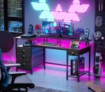 Furologee 60" Black Computer Desk with 4 Drawers and Printer Space, Gaming Desk with LED Lights and USB Power Outlets, Home Office Desk with Fabric File Cabinet,Study Work Table with Shelf for Bedroom