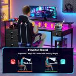 Furologee 60" Black Computer Desk with 4 Drawers and Printer Space, Gaming Desk with LED Lights and USB Power Outlets, Home Office Desk with Fabric File Cabinet,Study Work Table with Shelf for Bedroom