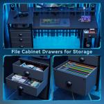 Furologee 60" Black Computer Desk with 4 Drawers and Printer Space, Gaming Desk with LED Lights and USB Power Outlets, Home Office Desk with Fabric File Cabinet,Study Work Table with Shelf for Bedroom