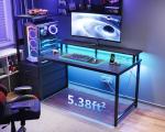 AODK 52 Inch Gaming Desk with USB Charging Ports & LED Light- Reversible Computer Desk with Storage Shelves & Monitor Stand, Modern Gamer Desk Table with Fabric Drawers, Black