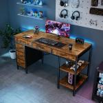 Sweetcrispy 55" Computer Desk with 6 Drawers, Home Office Gaming Desks with Storage Shelves for Bedroom, Writing Study Corner Living Room Work Table Rustic Brown