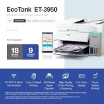 Epson EcoTank ET-3950 Wireless All-in-One Color Supertank Printer with up to 3 Years of Ink Refillable Tanks, Perfect for Home Office, 18 PPM, 2.4" Colorful Touchscreen, Auto Document Feeder - White