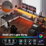 PRAISUN 66" L Shaped Gaming Desk with LED Lights & Power Outlets, Computer Desk with Fabric Drawers and Print Stand, Corner Office Desk, Monitor Stand, Mesh CPU Stand, Black